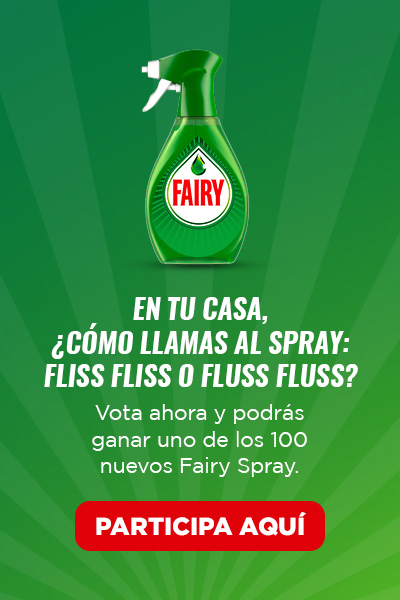 Imagen de fondo verde con un dispensador de fairy a la izquierda. Texto: En tu casa ¿Cómo llamas al spray fliss fliss o fluss fluss?. Vota ahora y pdorás ganar uno de los 100 nuevos Fairy Spray. Participa aqui.
