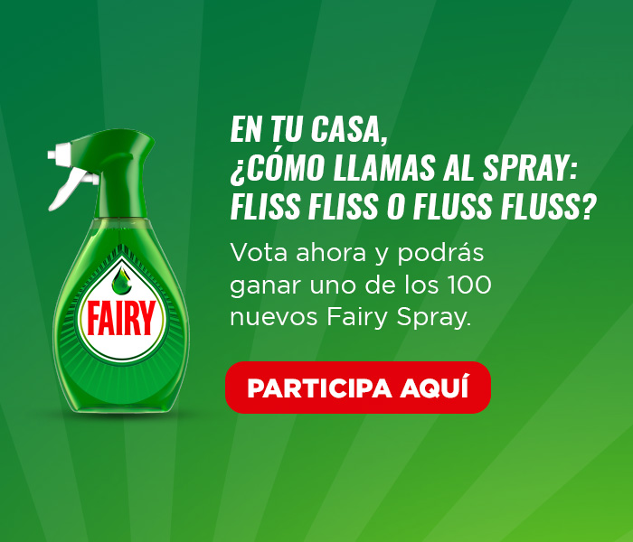 Imagen de fondo verde con un dispensador de fairy a la izquierda. Texto: En tu casa ¿Cómo llamas al spray fliss fliss o fluss fluss?. Vota ahora y pdorás ganar uno de los 100 nuevos Fairy Spray. Participa aqui.
