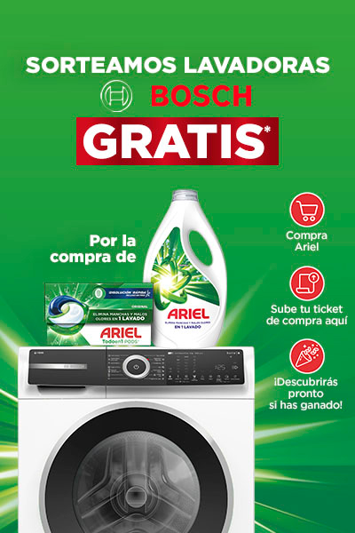 A la izquierda texto: Sorteamos lavadoras Bosch gratis*. En el centro texto: Por la compra de Imagen de productos Arial y abajo una lavadora Boch. A la derecha texto: Compra Ariel. Sube tu ticket de compra aquí. Descubrirás pronto si has ganado.
