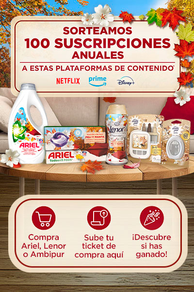 Sorteamos 100 suscripciones anuales a: Netflix, Prime y Disney plus. Compra Ariel Lenor o Ambipur, sube tu ticket de compra y descubre si has ganado.
