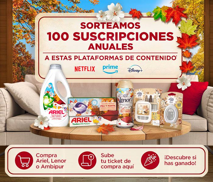 Sorteamos 100 suscripciones anuales a: Netflix, Prime y Disney plus. Compra Ariel Lenor o Ambipur, sube tu ticket de compra y descubre si has ganado.
