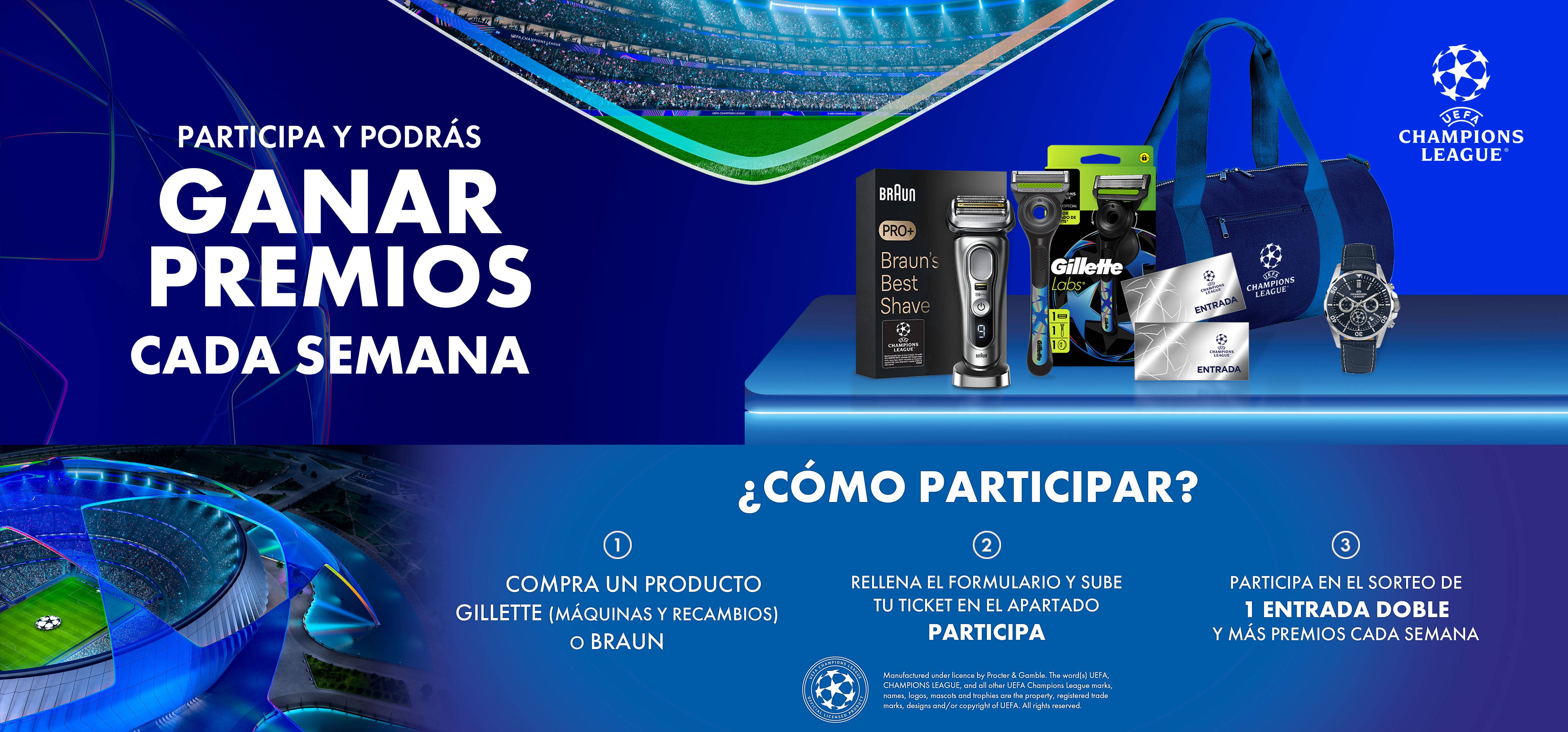 Participa y podrás ganar entradas y mas premios cada semana. A la derecha imagenes de producots Braun y Gillette